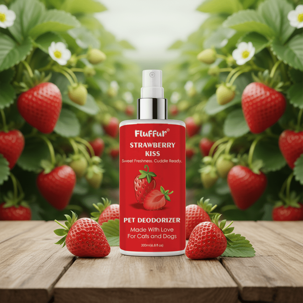 Fluffur Pet Deodorizer – Peach Bliss / Coconut Drift / Watermelon Splash / Strawberry Kiss | Long-Lasting Fruity Freshness | Pet-Safe Odor Neutralizer for Cats & Dogs | 200ml loji