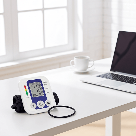 Blood pressure monitor on a desk with a laptop and cup in the background