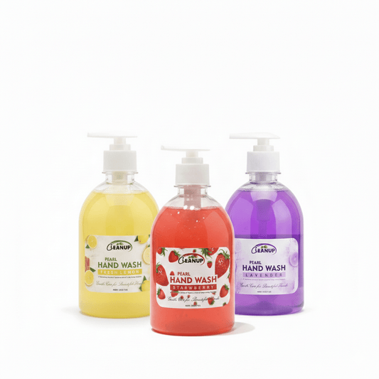 Cleanup Pearl Hand Wash bottles in Lemon, Strawberry and Lavender fragrance