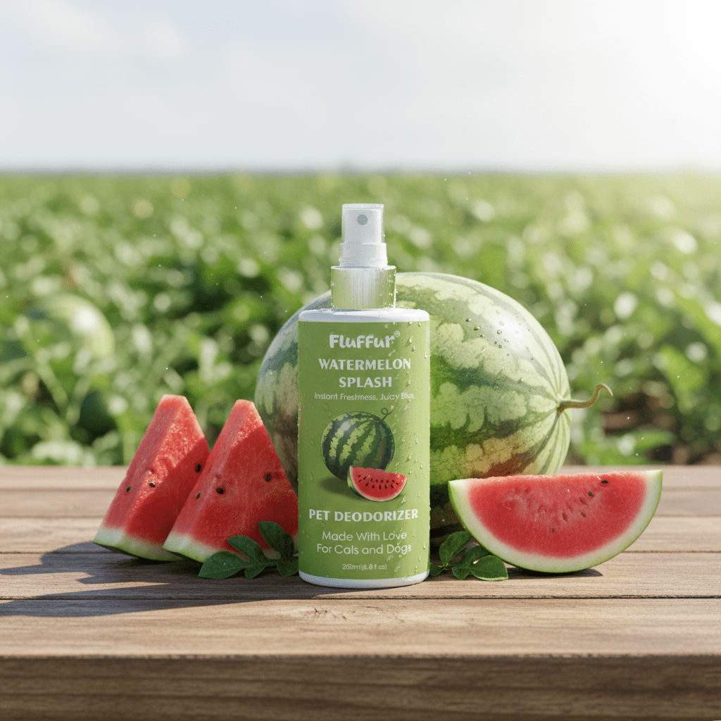 Fluffur Pet Deodorizer – Peach Bliss / Coconut Drift / Watermelon Splash / Strawberry Kiss | Long-Lasting Fruity Freshness | Pet-Safe Odor Neutralizer for Cats & Dogs | 200ml loji