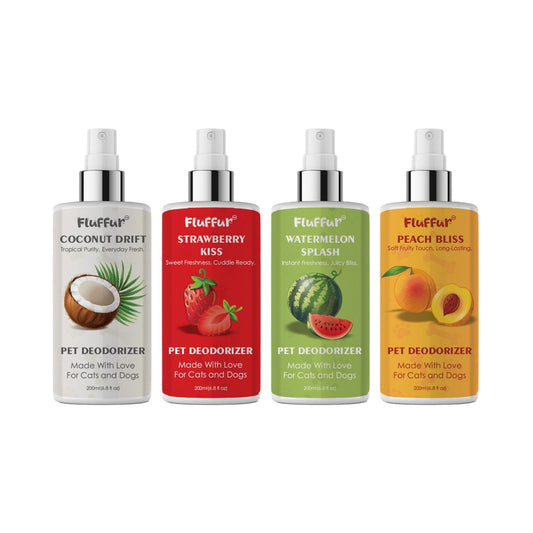 Fluffur Pet Deodorizer – Peach Bliss / Coconut Drift / Watermelon Splash / Strawberry Kiss | Long-Lasting Fruity Freshness | Pet-Safe Odor Neutralizer for Cats & Dogs | 200ml loji