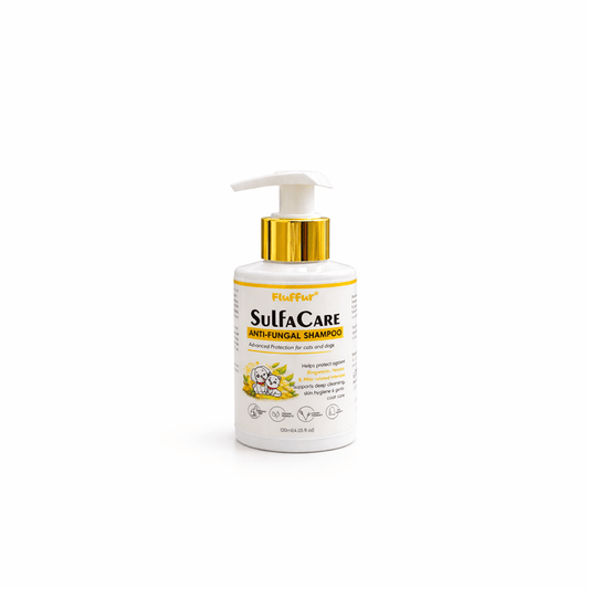 SulfaCare anti-fungal shampoo bottle with pump on a white background