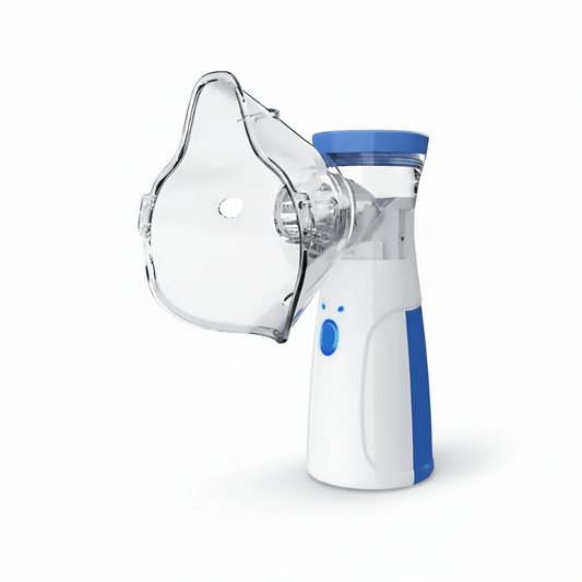 White and blue handheld inhaler device with clear mask on a white background