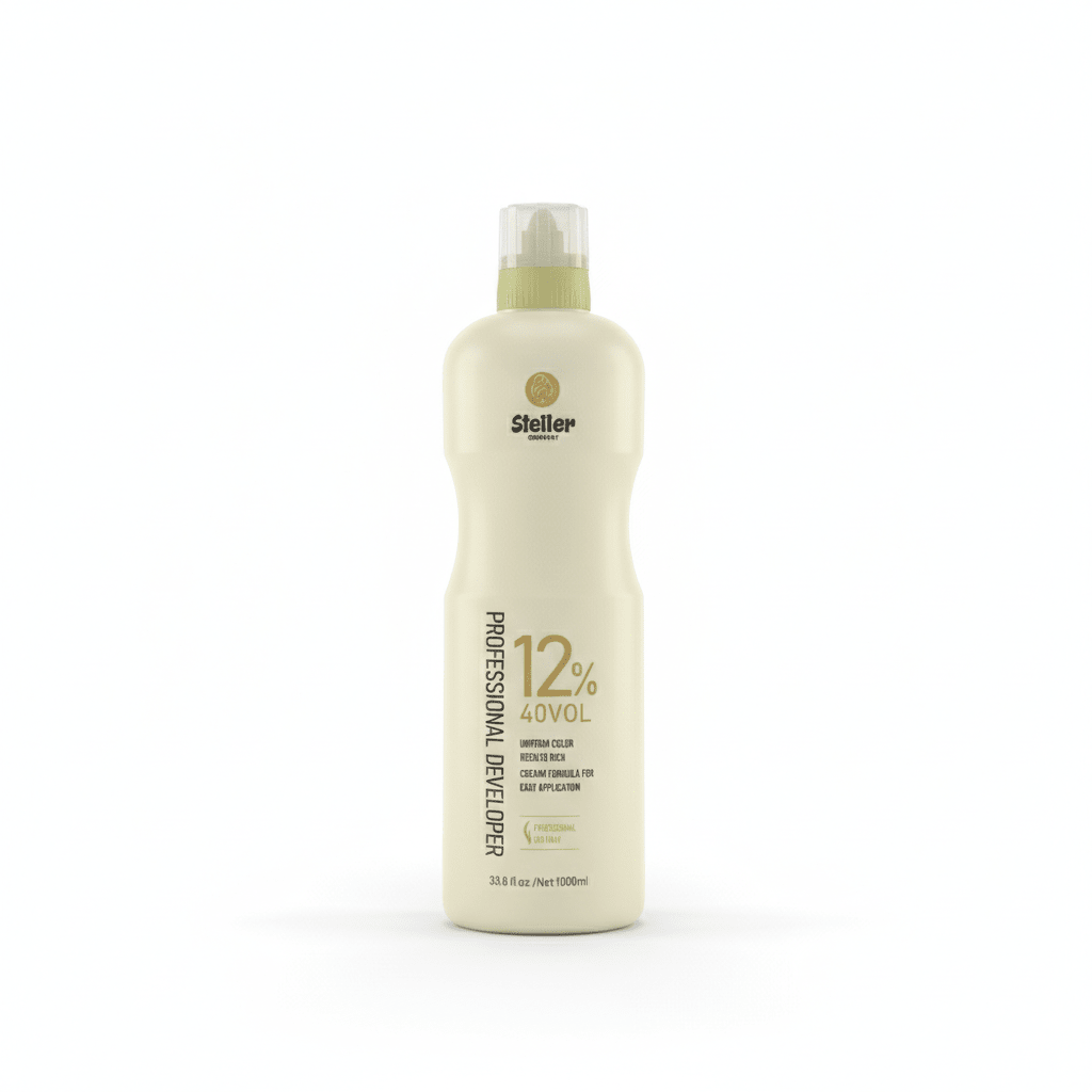 Bottle of Steller hair product on a white background