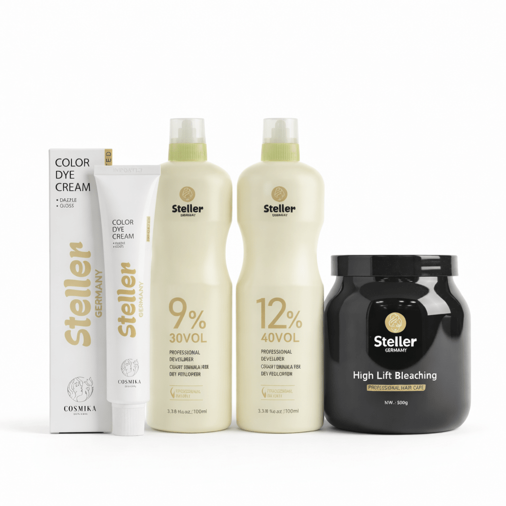 Steller hair care products including color dye cream, developer bottles, and bleaching powder on a white background.